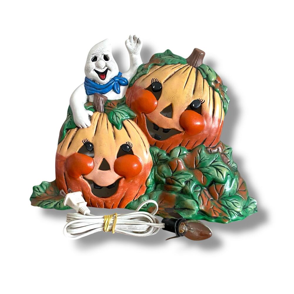 Vintage Ceramic Mold Light Up Decor Ghost Jack O Lantern Hand Painted Halloween
